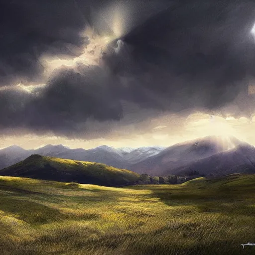 Prompt: a cinematic landscape view looking at an open field, mountains in the distance, the sun shines through the parted clouds, digital painting, fantasy, art by alexandre mahboubi and christophe oliver
