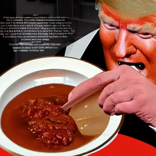 Prompt: donald trump eating hormel chili that spilled on the ground with chopsticks, 4k, highly detailed