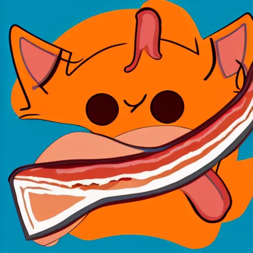 Prompt: anthropomorphic bacon strip, the bacon is sword fighting an orange tabby, realism