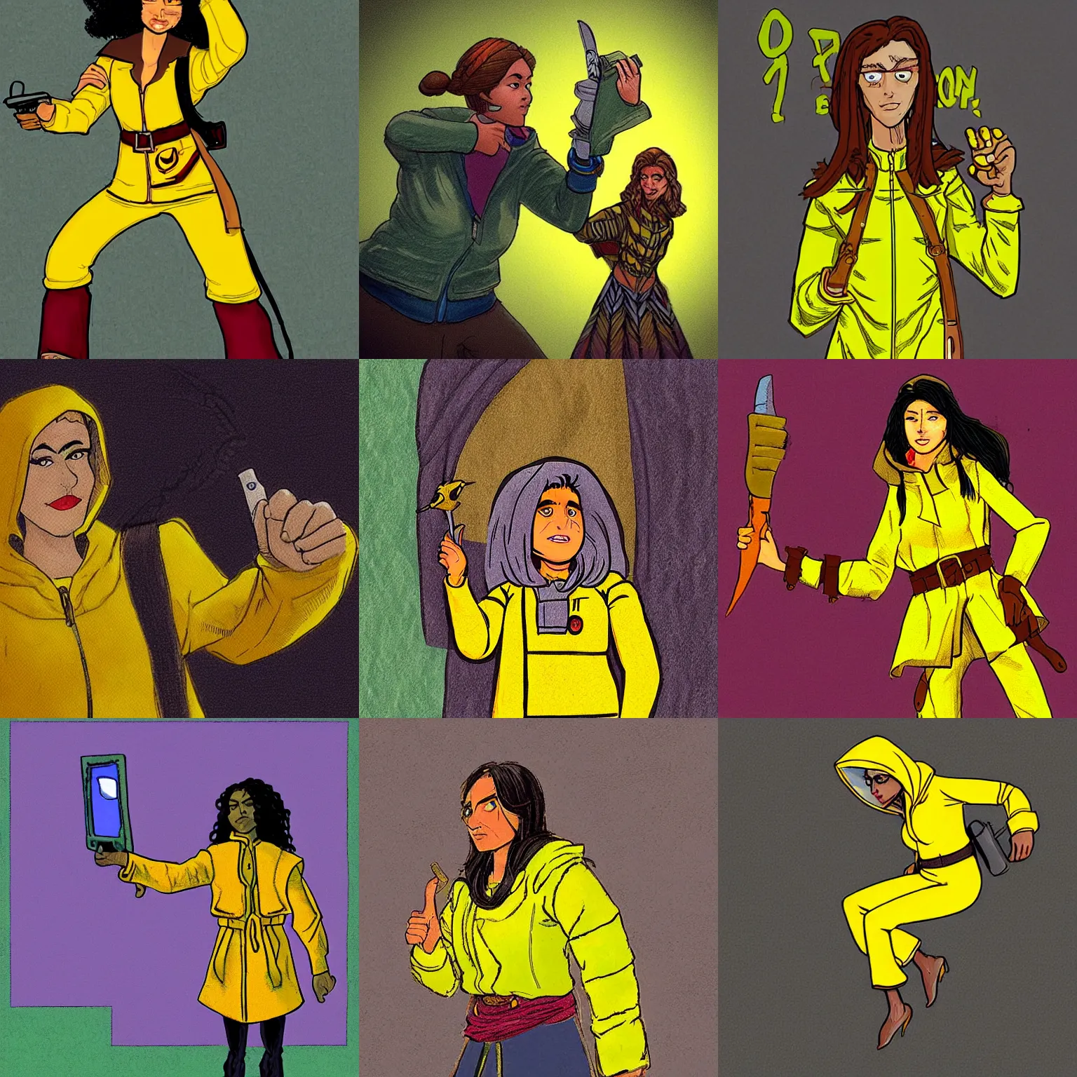 Prompt: “a female kender wearing a yellow jacket holding a hoopak and pointing at the viewer, in the style of Larry Elmore”