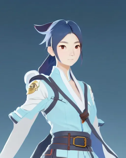 Image similar to a south korean female from video game paladins, she wears a light blue jacket, white ponytail hair, detailed perfect face, exquisite details, fire magic, mid view, design on a white background, by studio muti, greg rutkowski makoto shinkai takashi takeuch studio ghibli