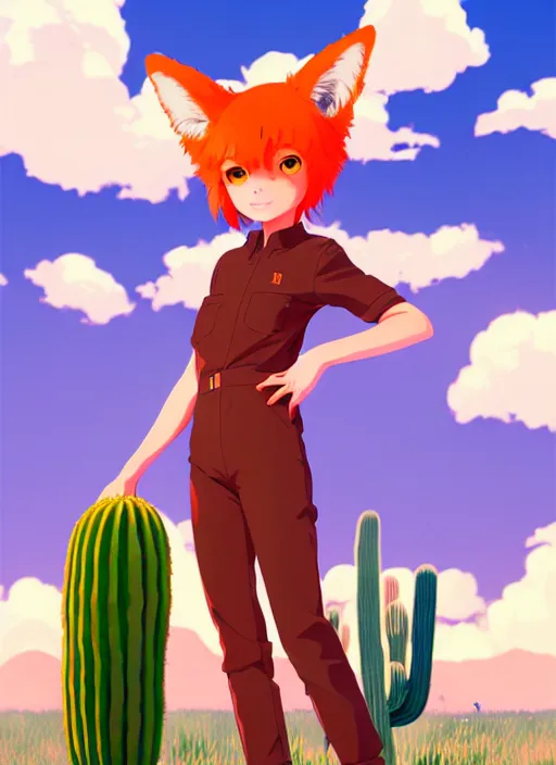 Image similar to portrait of cute redhead foxgirl in orange jumpsuit with fox ears by ilya kuvshinov, holding a cactus, cloudy sky background lush landscape illustration concept art anime key visual trending pixiv fanbox by wlop and greg rutkowski and makoto shinkai and studio ghibli