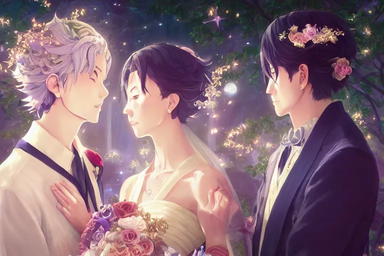 Prompt: a dreamlike portrait of wedding close up moment of a divine a japan sun god and moon goddess lovers magician at a wedding banquet. highly detailed, digital painting, fantasy wedding screen, 8 k realistic, hyper detailed, by makoto shinkai and akihiko yoshida and hidari and wlop