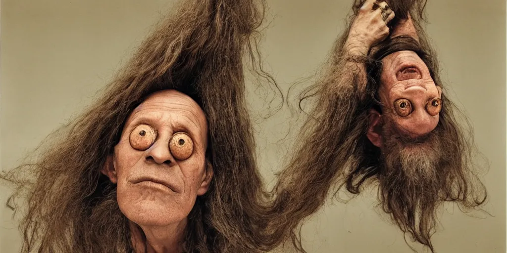 Image similar to a old man with 3 heads and 6 eyes, long hair, hanging upsidedown by annie leibovitz