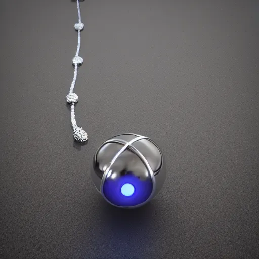 Image similar to futuristic ball chain silver necklace with 3 d behelit pendant with glowing eyes, octane render, hd, raytraced, product