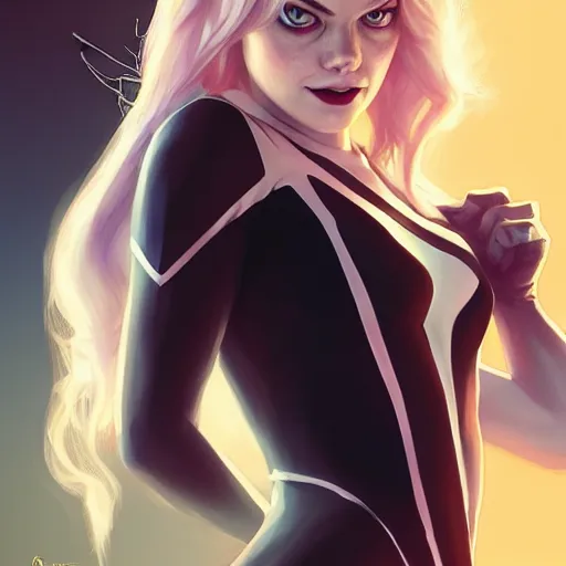 Image similar to beautiful Emma Stone as Spider-Gwen, western, closeup, D&D, fantasy, intricate, elegant, highly detailed, digital painting, artstation, concept art, matte, sharp focus, illustration, art by Artgerm and Greg Rutkowski and Alphonse Mucha