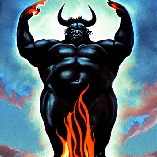 Prompt: Artwork by Brom, A large black bison with fiery eyes, Bison God, Ancient, a scene from the TV show, American Gods