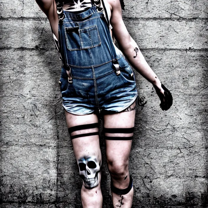 Image similar to fully body pose, photo of a very beautiful!! grungy skull woman, torn overalls, short shorts, fishnets, combat boots, 8 k, hdr, smooth, sharp focus, high resolution, award - winning photo, trending on artstation, dslr, 5 0 mm