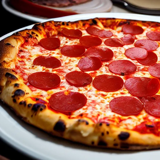 Prompt: a closeup shot of pepperoni new york pizza on a white paper plate, in some cheap new york city pizza joint, commercial photography