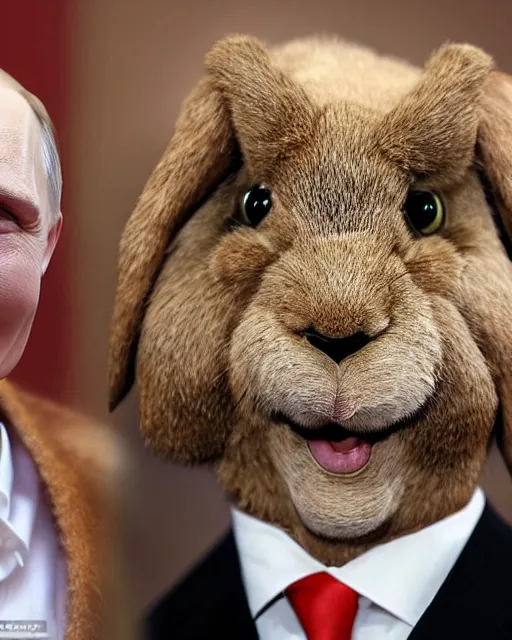 Image similar to vladimir putin in elaborate makeup as rabbit from the book winnie the poo, highly detailed rabbit makeup in the style of rick baker, vladimir has long rabbit ears, rabbit fur, rabbit snout