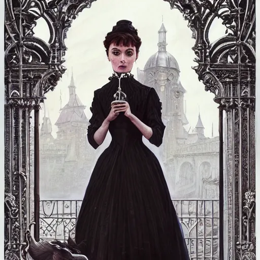 Image similar to audrey hepburn in an epic victorian novel, inside an ornate castle, intricate, elegant, highly detailed, digital painting, artstation, matte, illustration, art by artgerm, greg rutkowski, loish, rhads, ferdinand knab, makoto shinkai, lois van baarle, ilya kuvshinov, rossdraws, tom bagshaw