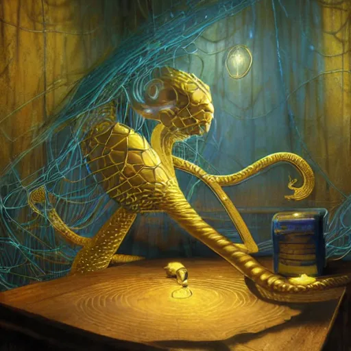 Prompt: an ethereal humanoid snake with hands, golden scales and blue accents scattered in its design, set in an empty tavern full of wispy blue spirits, warm yellow lights, art by yuji ikehata and satoshi kon, background art by miyazaki, realism, proper human male proportions, fully clothed, dungeons and dragons, anime