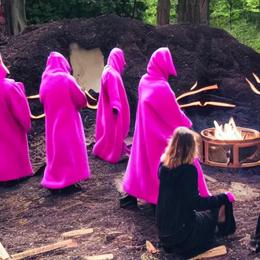 Prompt: a cult of pink cloak wearing kittens summon a fire goddess from the depths of a raging fire pit, flames are emerging from fissures in the ground.