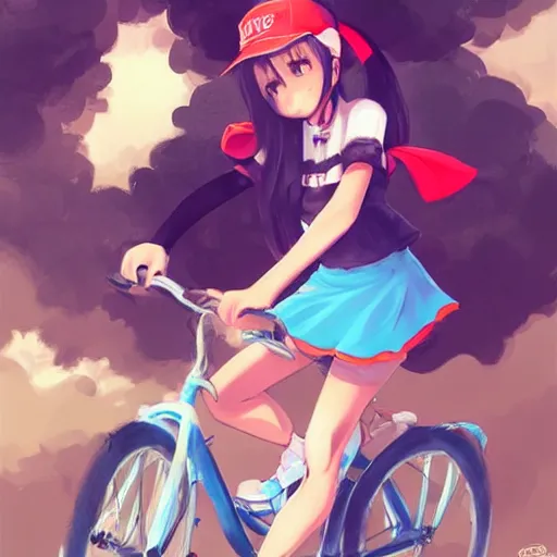 Image similar to young anime girl wearing a baseball hat, ponytail, riding a bike, sunny day, beautiful illustration, art by rossdraws, artgerm, trending on artstation.