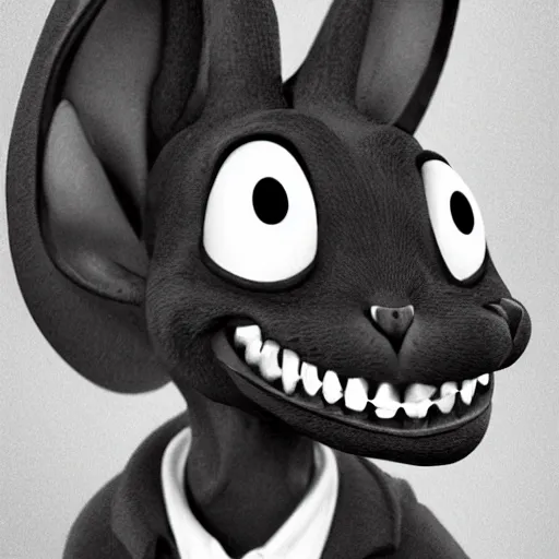 Image similar to A extremely highly detailed majestic hi-res beautiful, highly detailed head and shoulders portrait of a scary terrifying, horrifying, still of a creepy black cartoon rabbit in eraserhead with scary big eyes, earing a shirt laughing, hey buddy, let's be friends, in the style of Walt Disney animation