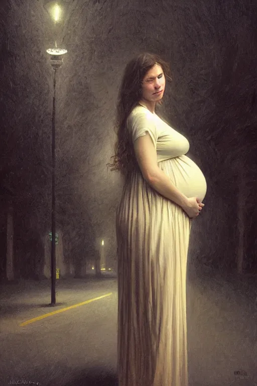 Prompt: pregnant woman under street light, casual wear, by Alyssa Monks, Bouguereau