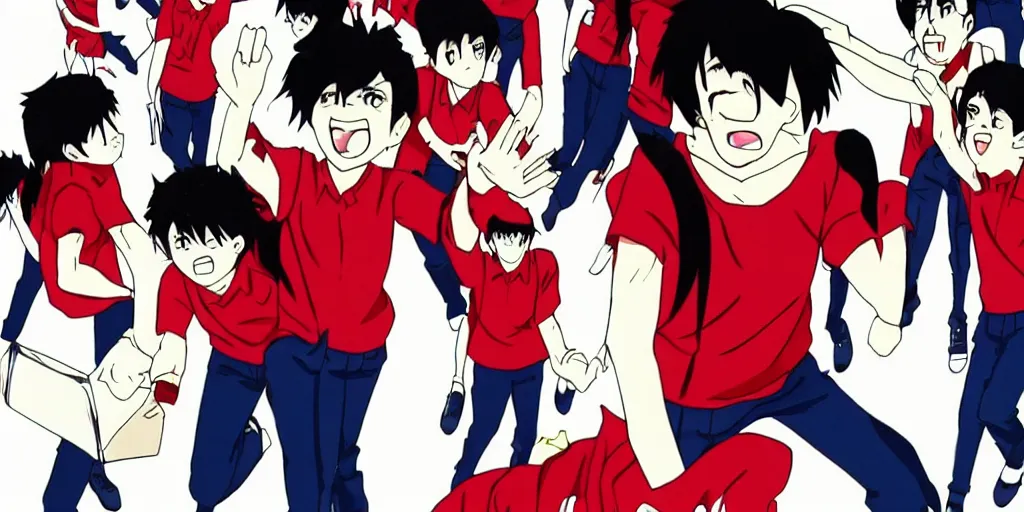 Image similar to a stil of a 90s OVA showing a man with a black hair wearing a red shirt screaming in a school