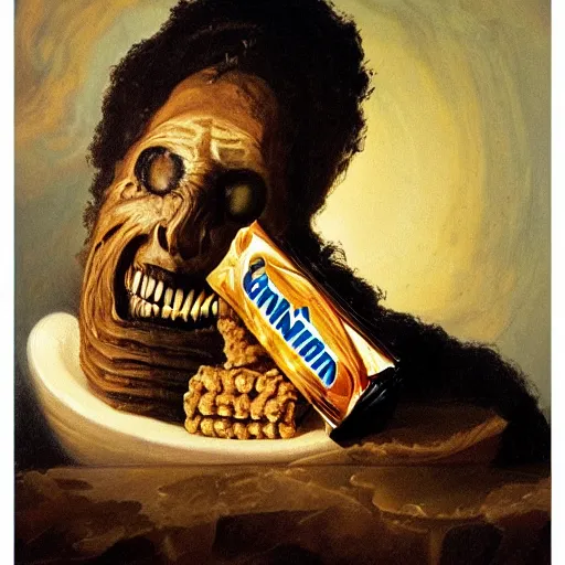 Image similar to saturn devouring a snickers chocolate bar, goya painting, in the style of goya and greg rutkowski, in the style of black paintings, 8 k, highly realistic