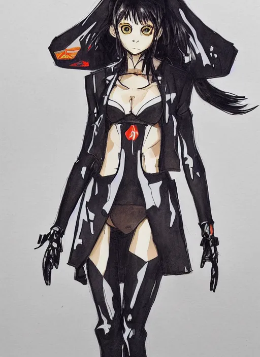 Prompt: a yoji shinkawa sketch of a slim girl with long legs and hair wearing an evangelion pilot outfit and a long black coat inspired by a japanese kimono