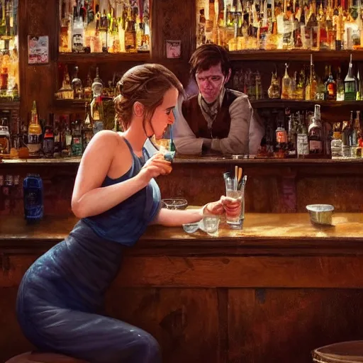 Prompt: highly detailed painting of emma watson drunk in a bar, stephen bliss, 8 k, by greg rutkowski, loish, rhads, artgerm, ferdinand knab, makoto shinkai and lois van baarle, ilya kuvshinov, rossdraws, global illumination, radiant light, detailed and intricate environment