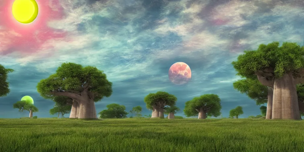 Image similar to digital art, trending on artstation, the sky of an alternate earth with 3 suns and a moon, with a large green meadow, baobab trees and uninhabited alien houses.