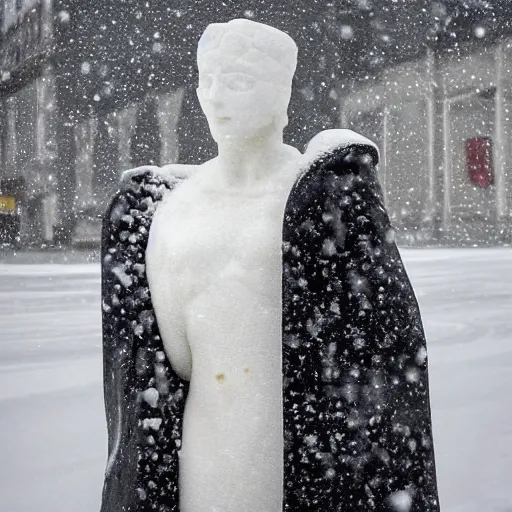 Prompt: black and white photo of snow falling on white cracked marble statue, in the background is a snowy concrete brutalist building, the statue is wearing a haute couture winter jacket by moncler genius, the statue is made of white marble, everything is white marble, sharp focus, depth of field, clear focus, beautiful, denoise, clean, japanese fashion