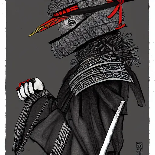 Image similar to a portrait of Black bird as samurai, detailed, editorial illustration, matte print, concept art, ink style sketch,