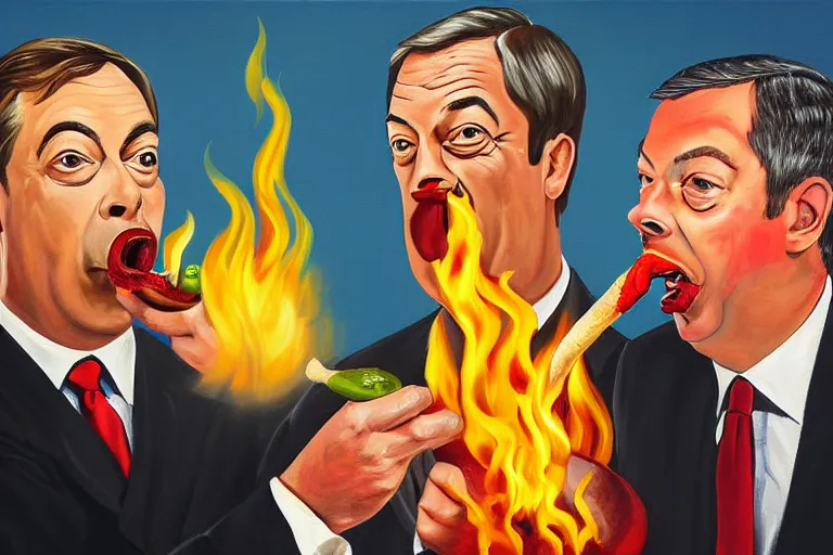 Prompt: a painting of nigel farage being spitroasted by two men over a fire with an apple in his mouth, digital art