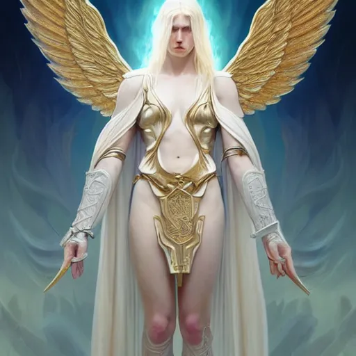 Image similar to the pale blond male angel of battle lucius wearing a white periwinkle, sci fi, glowing eyes, volumetric lights, gold theme, art nouveau botanicals, intricate, highly detailed, digital painting, artstation, concept art, smooth, sharp focus, cinematic, illustration, beautiful face, art by artgerm and greg rutkowski and alphonse mucha