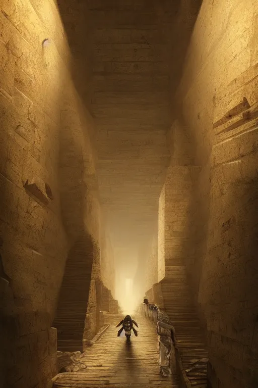 Image similar to a mummy walking down a hallway in a Pyramid, face portrait, raphael lacoste, eddie mendoza, alex ross, concept art, matte painting, highly detailed, rule of thirds, dynamic lighting, cinematic, detailed, denoised, centerd