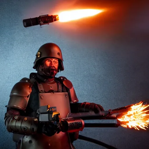 Image similar to angry man in juggernaut armor burning a desktop tower pc with a military flamethrower