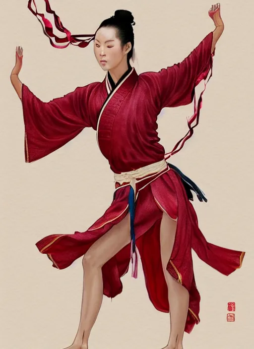 Image similar to full body portrait of a dancer throwing silk belts, feet, barefoot, full body, tanned, vivacious, athletic, hanfu, chinese ribbon dance, wide ribbons, silk belt, wuxia, martial arts, ming dynasty, detailed, realistic face, anatomically accurate, fantasy illustration, dnd, deviantart, artstation, wlop.