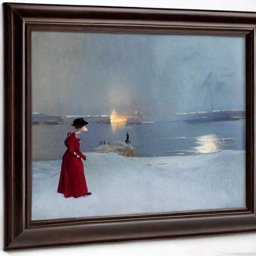 Image similar to victorian lady adventurer seeing the polar lights, by alfred stevens