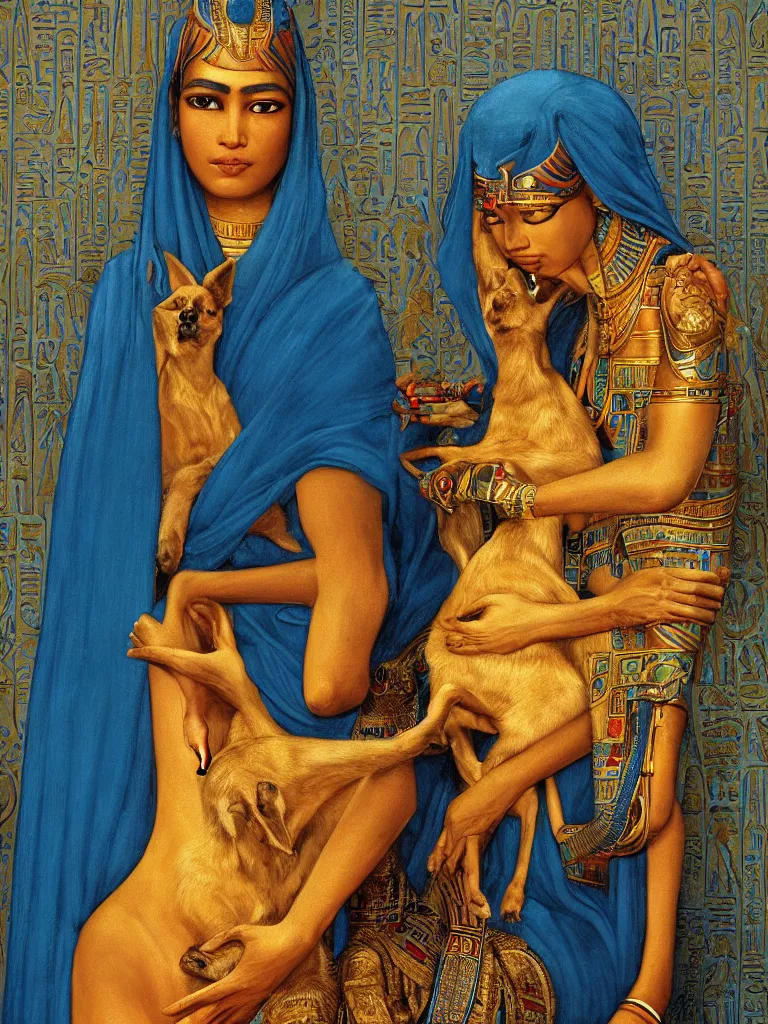 Prompt: portrait of a beautiful female ancient Egyptian goddess holding Anubis the dog in her arms. Hieroglyphs are written on the background, and blue lotus grows at her feet. painting by James C. Christensen