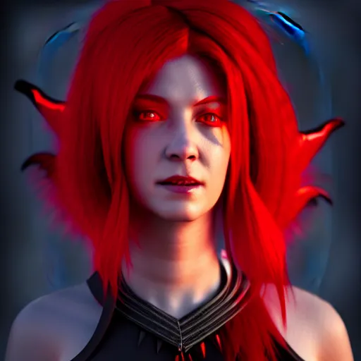 Prompt: beautiful female mage with red hair, black clothing, dark feathered wings, octane 3 d render, trending on artstation, dramatic lighting, 4 k