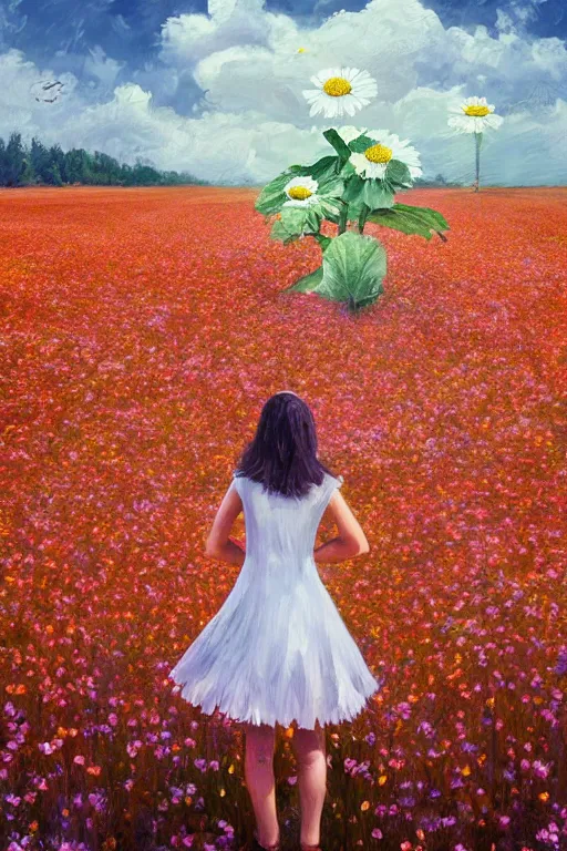 Image similar to giant white daisy flower head, girl standing in a flower field, surreal photography, sunrise, dramatic light, impressionist painting, colorful clouds, digital painting, artstation, simon stalenhag