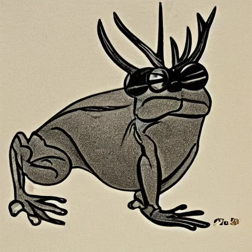 Image similar to drawing from 1 9 2 0's disney animation, white paper, black & white, frog rabbit on a table, antler