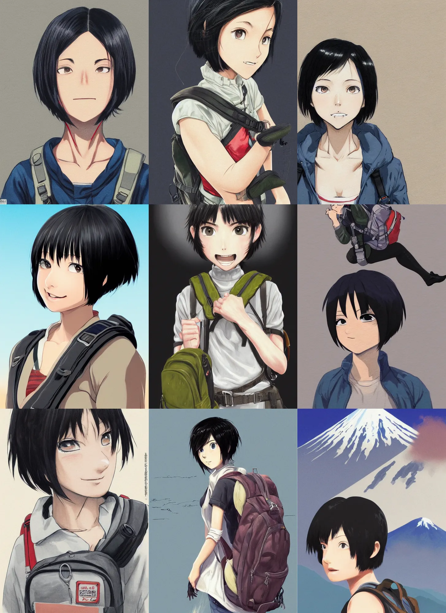 Prompt: Portrait of kind young woman with short black hair in a bob cut, with a backpack climbing Mount Fuji, slightly dirty face, portrait, highly detailed, digital painting, artstation, concept art, sharp focus, illustration, art by Yusuke Murata and Kohei Horikoshi