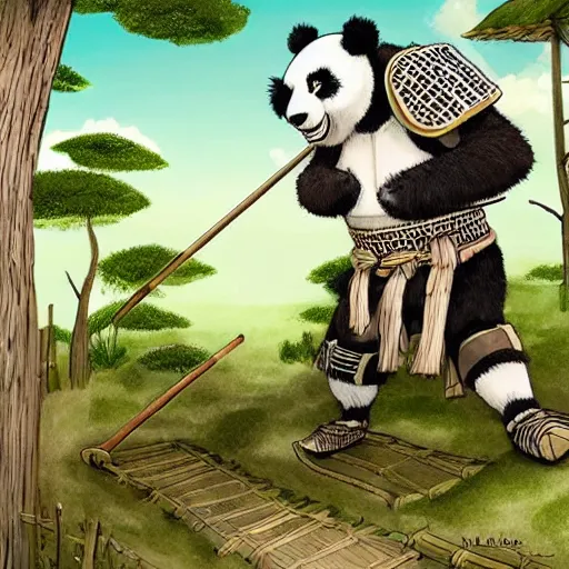 Image similar to panda bear wearing samurai armor standing in a ancient japanese village, highly detailed, ghibli style, by studio ghibli, art station, highly detailed