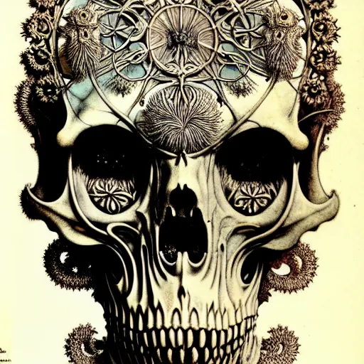 Image similar to art forms of nature by ernst haeckel, memento mori by arthur rackham, ornate antique porcelain beautiful skull mask, ultrasharp, photorealistic, hyperdetailed, octane render, polished, art nouveau, neo - gothic, gothic, intricate ornamental organic filigree, art nouveau botanicals, art forms of nature by ernst haeckel, horizontal symmetry, symbolist, visionary