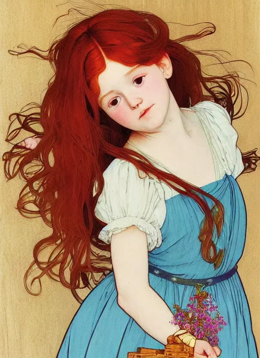 Prompt: young girl resembling alicia vikander with long red hair, wearing a dress, playing with her doll on the wooden floor in an old wooden house, path traced, highly detailed, high quality, digital painting, by studio ghibli and alphonse mucha, leesha hannigan, hidari, art nouveau, chiho aoshima, jules bastien - lepage