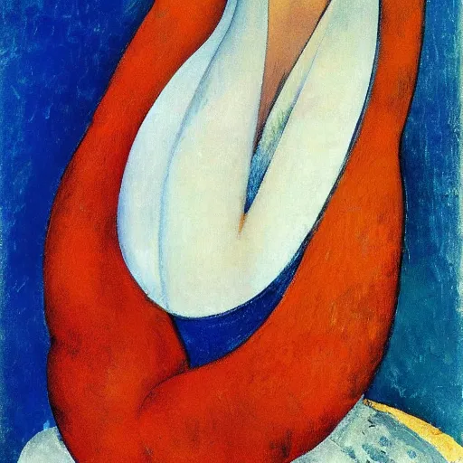 Image similar to by amedeo modigliani funereal, distorted. a beautiful print of a large, colorful bird with a long, sweeping tail. the bird is surrounded by swirling lines & geometric shapes in a variety of colors