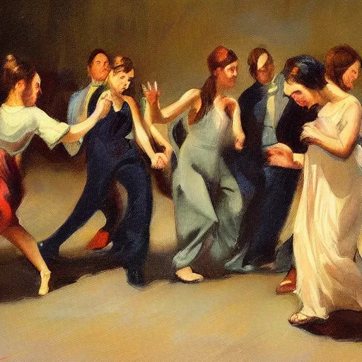 Prompt: a painting of some cultists dancing in circle tonalism expressionism hyperrealism