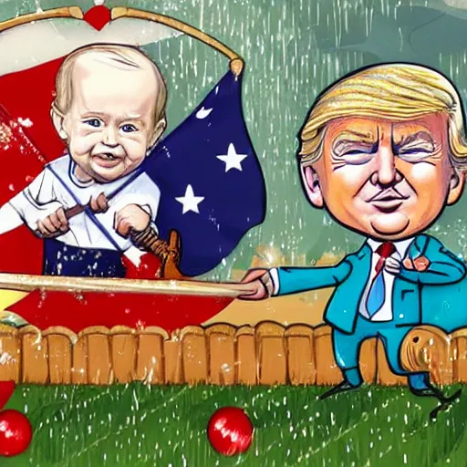 Image similar to baby Biden, baby Trump, baby Putin, baby Xi, riding a hobby horse shooting each other with water pistols, cartoon,