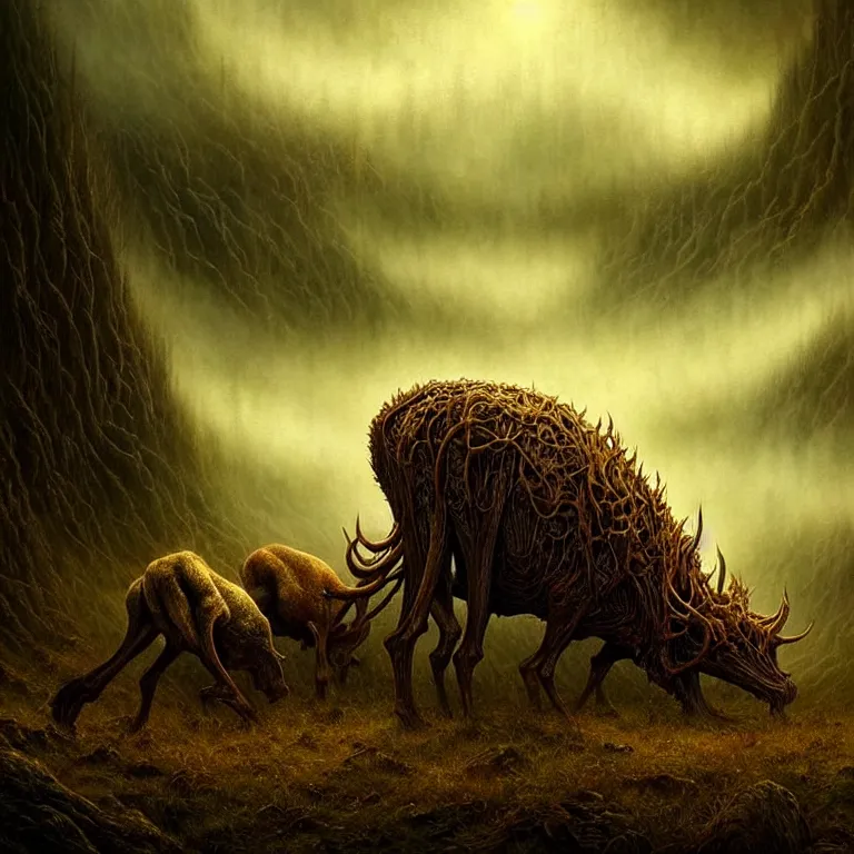 Image similar to epic professional digital art of startling hungry landscape, faint golden moody atmospheric lighting, painted, intricate, detailed, detailed, foreboding, by leesha hannigan, wayne haag, reyna rochin, ignacio fernandez rios, mark ryden, iris van herpen,, epic, stunning, gorgeous, much wow, cinematic, masterpiece.