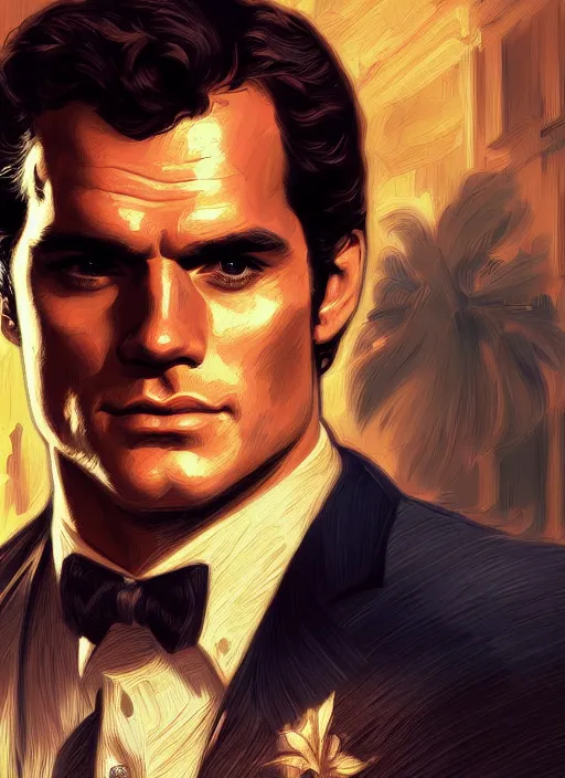 Image similar to portrait of henry cavill as james bond, casino, key art, sprinting, palm trees, highly detailed, digital painting, artstation, concept art, cinematic lighting, sharp focus, illustration, by gaston bussiere alphonse mucha