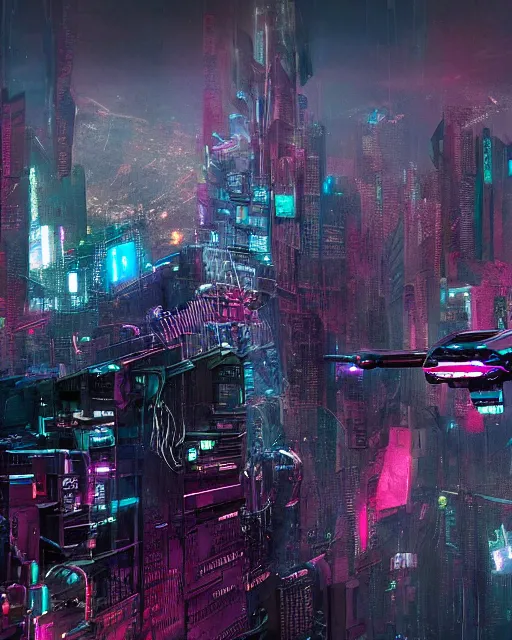 Image similar to cyberpunk drone above a city, scifi, futuristic, neon light, highly detailed, concept art, sharp focus, trending on artstation, intricate, atmosphere, raining, art by roman makarenko, dzung phung dinh