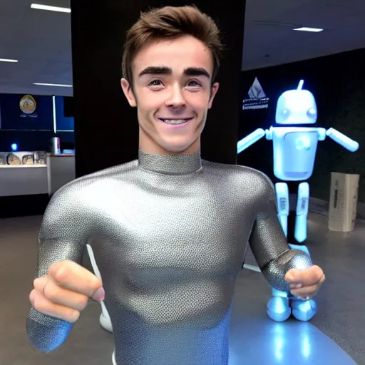 Image similar to showing off his muscles, shiny skin, f 1 driver charles leclerc, on display, who is a male android, posing like a statue, blank stare, humanoid robot, frozen ice statue, made of ice, a realistic detailed photo of a guy who is an attractive humanoid who is half robot and half humanoid, by the pool