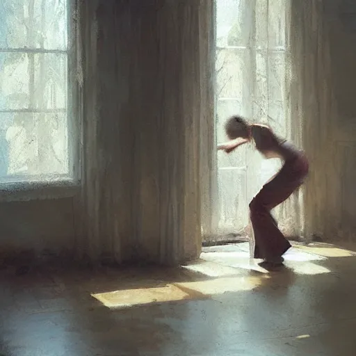 Image similar to portrait of a emotional dancer practicing alone, soft window light, long shadows, by craig mullins, jeremy mann.