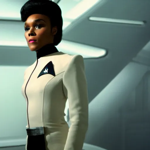 Prompt: Janelle Monae as Star Trek Admiral, dress uniform, TOS, film still